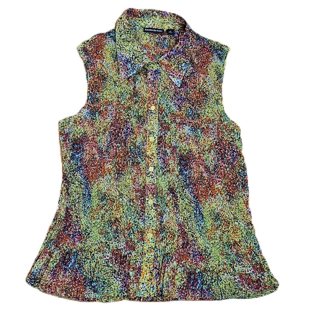Woman’s Essentials by Milano Colorful Sleeveless Button Down Blouse 1X Like New! - Picture 2 of 15
